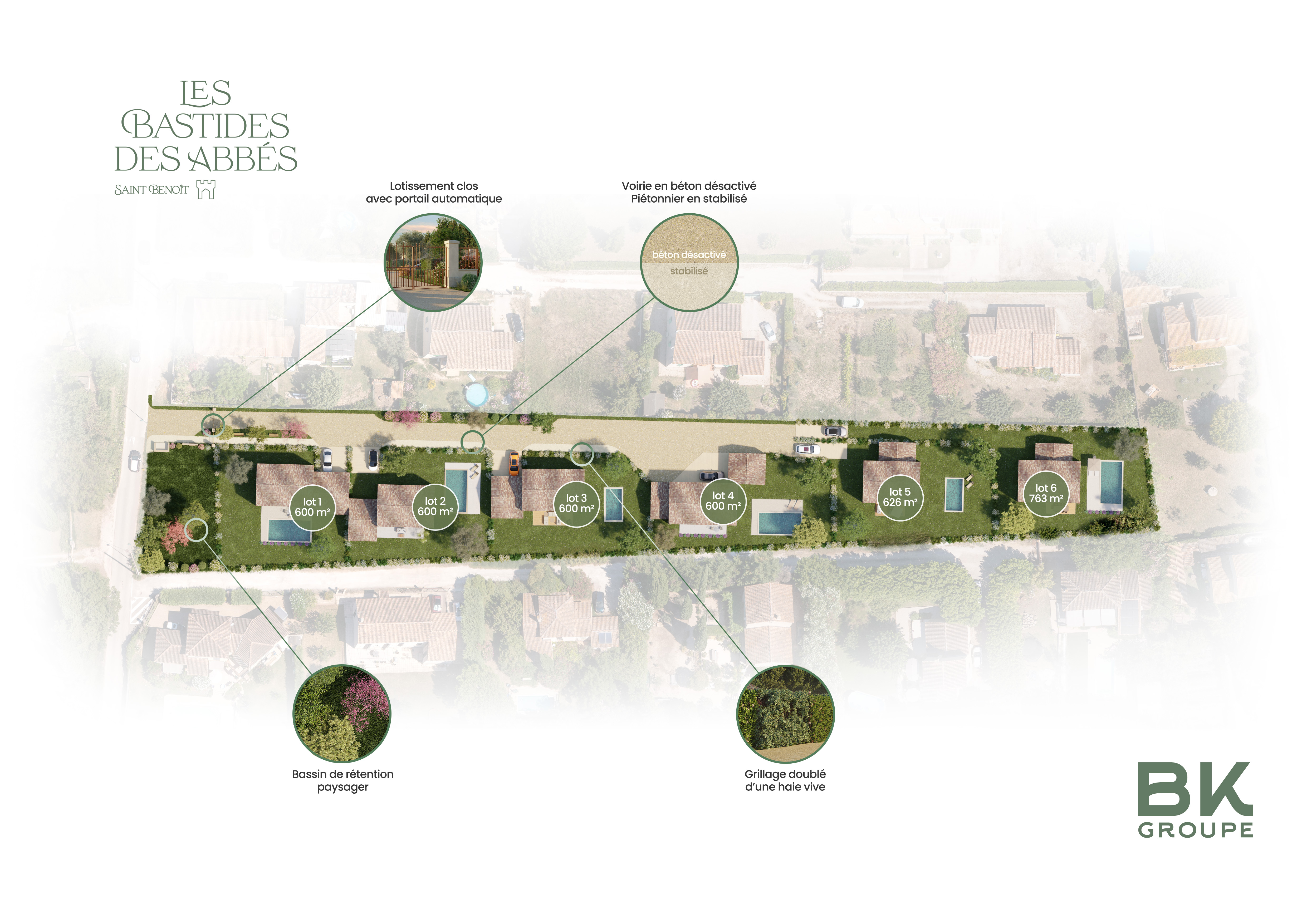 Plan de masse — Les Bastides des Abbés · 6 lots de 600 à 763 m²